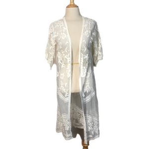 EMBER‎ Women's Small Off White Ivory Lace Open Front Kimono Duster Coverup